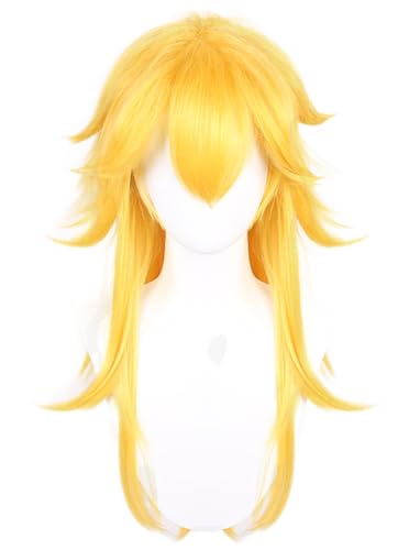 Windskids Peach Cosplay Perücken Damen 60 CM Lange Gelb Schichten Locken Gerade Pony Kostümperücke Verkleidung Prinzessin Peach Halloween Karneval Party Maskerade Anime Wig von Windskids