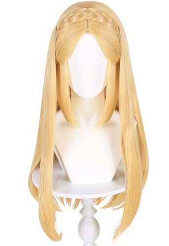 Windskids Princess Cosplay Perücken Damen Goldgelb Lange Glatte Haare mit Zopf Pony Kostümperücke Verkleidung Game Prinzessin Halloween Karneval Party Maskerade Anime Wig von Windskids