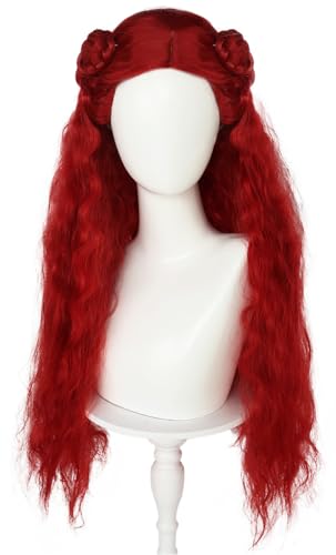 Windskids Red Cosplay Perücken Damen Verkleidung Nachkommen 4 Red Lang Rot Locken 2 Dutt Anime Wig für Halloween Karneval Party Performance Kostüm Zubehör Perücke von Windskids