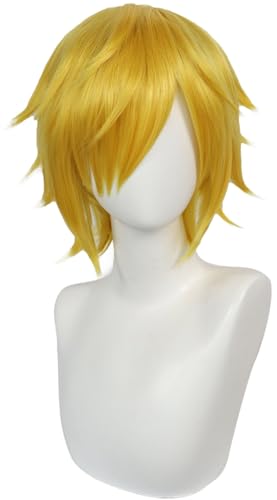 Windskids Sanji Cosplay Perücken Herren Anime Pirat König Vinsmoke Prinz Sanji Gelb Kurz Schräger Pony Wig für Halloween Karneval Party Maskerade Performance Verkleidung Kostüm Zubehör Perücke von Windskids