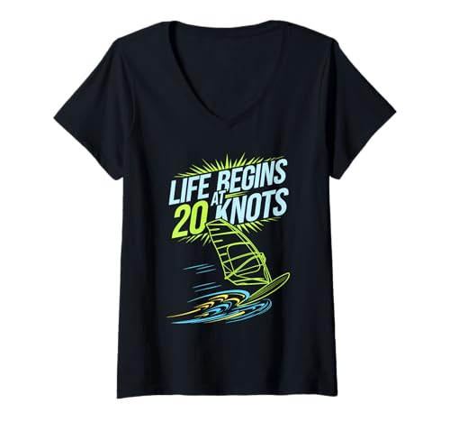 Damen Windsurfing Life Begins at 20 Knots Motivation Windsurfer T-Shirt mit V-Ausschnitt Damen Windsurfing Life Begins at 20 Knots Motivation Windsurfer T-Shirt mit V-Ausschnitt von Windsurf Leidenschaft Windgeschwindigkeit Vibe