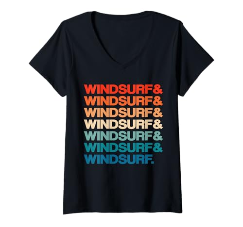 Damen Windsurf 70er 80er Jahre Vintage Farben Retro Text Design Ampersand T-Shirt mit V-Ausschnitt Damen Windsurf 70er 80er Jahre Vintage Farben Retro Text Design Ampersand T-Shirt mit V-Ausschnitt von Windsurfing Equipment Art, Drawings and Designs