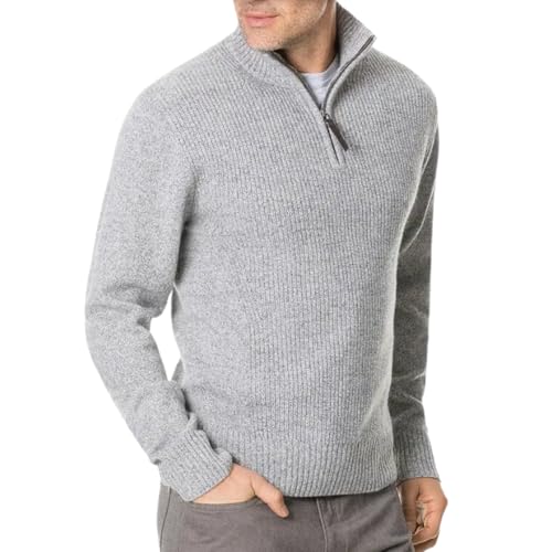 Windy Weave Baumwoll Pullover mit Troyer-Kragen - Herren Troyer mit Reißverschluss - Grauer Pulli aus Wolle - Strickpullover Herren (DE/NL/SE/PL, Alphanumerisch, M, Regular, Regular, Grau) von Windy Weave