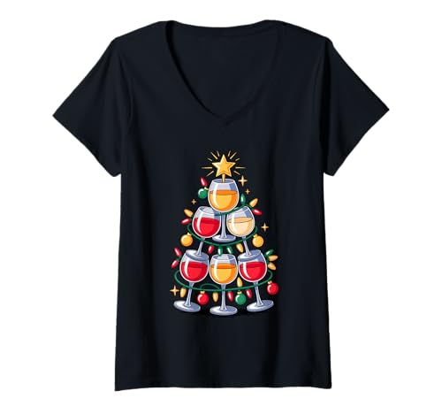 Damen Weihnachtsbaum Weinglas Weine T-Shirt mit V-Ausschnitt Damen Weihnachtsbaum Weinglas Weine T-Shirt mit V-Ausschnitt von Wine Drinking Lover Gifts