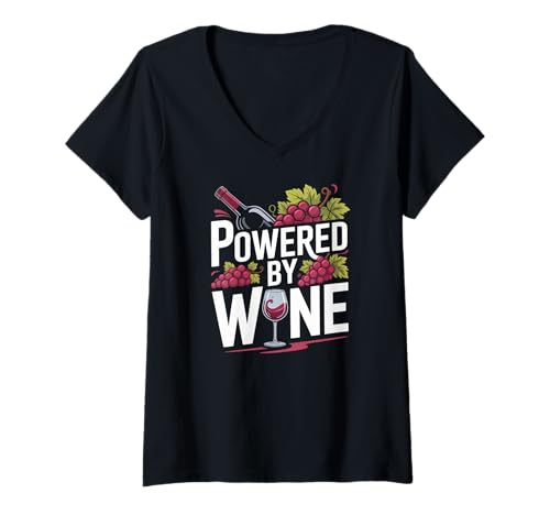 Damen Powered by Wine Grape Glasflasche Humor T-Shirt mit V-Ausschnitt Damen Powered by Wine Grape Glasflasche Humor T-Shirt mit V-Ausschnitt von Wine Enthusiast Grape Lover Vintage