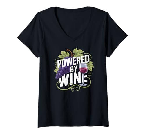 Damen Powered by Wine Grapes Glass Fun T-Shirt mit V-Ausschnitt Damen Powered by Wine Grapes Glass Fun T-Shirt mit V-Ausschnitt von Wine Enthusiast Lifestyle Choice