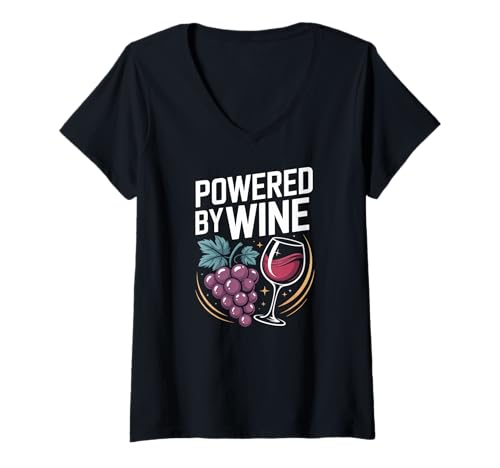 Damen Angetrieben von Wine Grapes Glass Humor T-Shirt mit V-Ausschnitt Damen Angetrieben von Wine Grapes Glass Humor T-Shirt mit V-Ausschnitt von Wine Enthusiast Vino Grapes Barrel