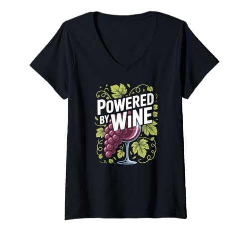 Damen Angetrieben von Weintrauben, Glasblättern T-Shirt mit V-Ausschnitt Damen Angetrieben von Weintrauben, Glasblättern T-Shirt mit V-Ausschnitt von Wine Enthusiasts Fun Grapes Lovers
