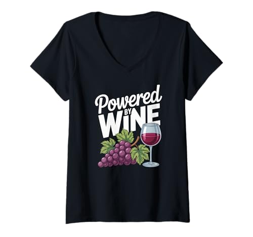 Damen Angetrieben von Wine Enthusiast Grapes Humor T-Shirt mit V-Ausschnitt Damen Angetrieben von Wine Enthusiast Grapes Humor T-Shirt mit V-Ausschnitt von Wine Enthusiasts Grape Vine Lovers Collective