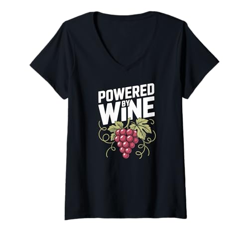Damen Angetrieben von Wine Grape Vine Humor T-Shirt mit V-Ausschnitt Damen Angetrieben von Wine Grape Vine Humor T-Shirt mit V-Ausschnitt von Wine Enthusiasts Grapes Humor Art