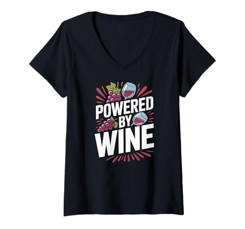 Damen Powered by Wine Grapes Glasses Fun T-Shirt mit V-Ausschnitt Damen Powered by Wine Grapes Glasses Fun T-Shirt mit V-Ausschnitt von Wine Enthusiasts Grapes Humor Lovers