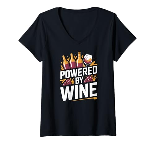 Damen Angetrieben von Weinflaschen und Trauben T-Shirt mit V-Ausschnitt Damen Angetrieben von Weinflaschen und Trauben T-Shirt mit V-Ausschnitt von Wine Enthusiasts Humor Bubbly