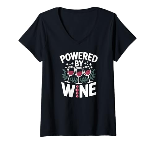 Damen Powered by Wine with Glasses Prost T-Shirt mit V-Ausschnitt Damen Powered by Wine with Glasses Prost T-Shirt mit V-Ausschnitt von Wine Enthusiasts Lounge Relax Fun