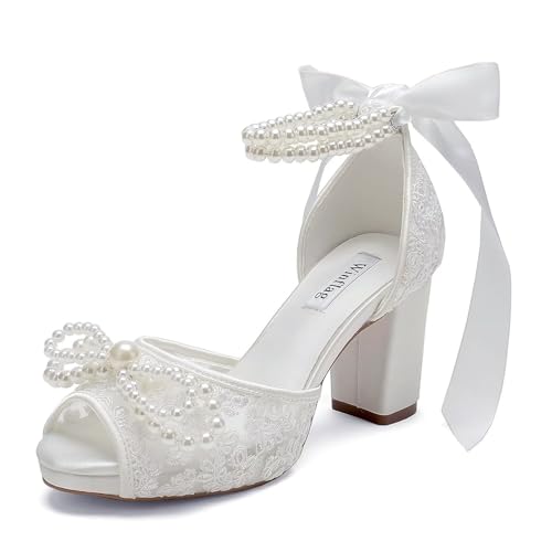 Spitze Perle Hochzeitsschuhe für Braut High Heel Brautschuhe Peep Toe Plateau Hochzeit Heels, weiß 2, 38.5 EU von Winflag