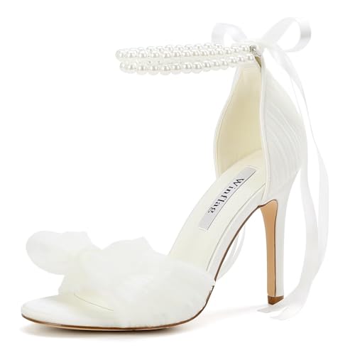 Winflag Damen Sandalen mit Schleifenknoten, Absatz, plissiert, Hochzeitsschuhe für Braut, Perlen-Absätze, Brautschuhe, Elfenbein, 37.5 EU von Winflag