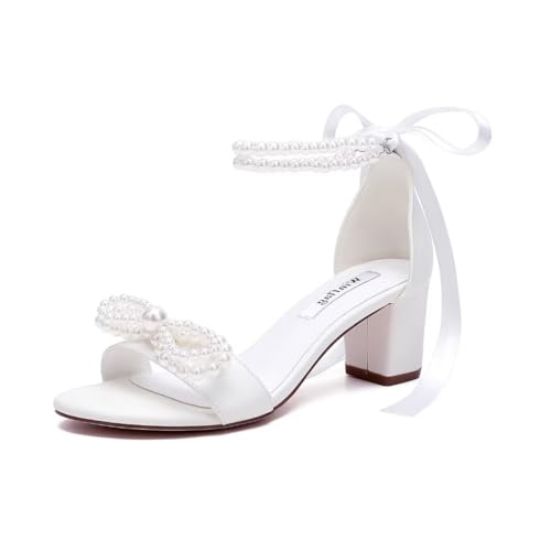 Winflag Pearl Heels Brautschuhe Hochzeitsschuhe für Braut Blockabsatz Hochzeit Sandalen Hochzeit Heels mit Schleife, Weiß, 6 cm, 41 EU von Winflag