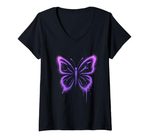 Damen Straßenkunstdesign mit Schmetterlings-Graffiti T-Shirt mit V-Ausschnitt Damen Straßenkunstdesign mit Schmetterlings-Graffiti T-Shirt mit V-Ausschnitt von Wing Street
