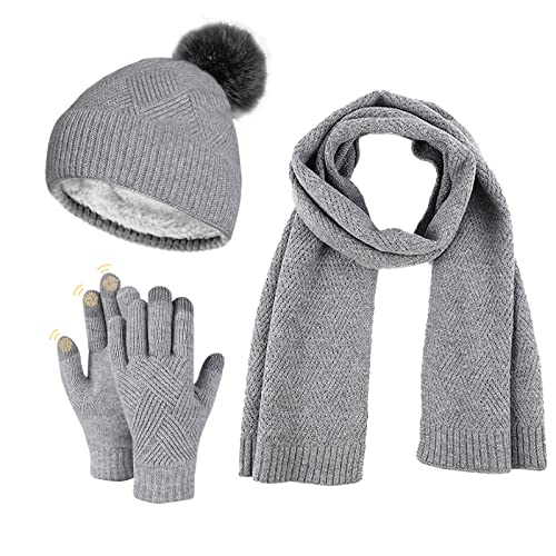 Damen Winter Warm Mütze mit Bommel Touchscreen Handschuhe und Lang Schal Set mit Dick Fleece Gefütterte, Winterhandschuhe Weihnachten Geschenk für Frauen von WingFly