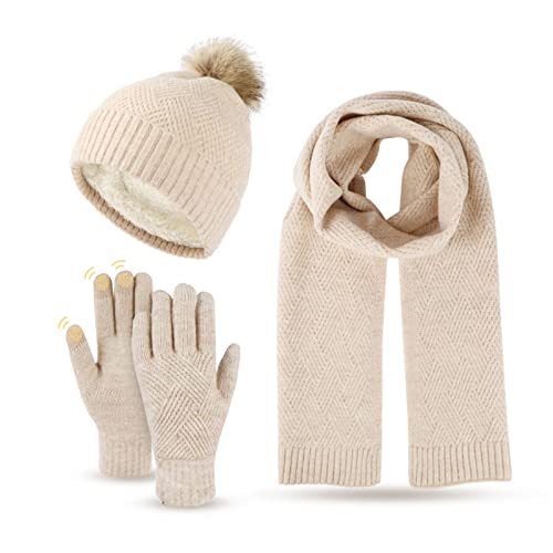 Damen Winter Warm Mütze mit Bommel Touchscreen Handschuhe und Lang Schal Set mit Dick Fleece Gefütterte, Winterhandschuhe Weihnachten Geschenk für Frauen von WingFly