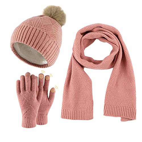 Damen Winter Warm Mütze mit Bommel Touchscreen Handschuhe und Lang Schal Set mit Dick Fleece Gefütterte, Winterhandschuhe Weihnachten Geschenk für Frauen von WingFly