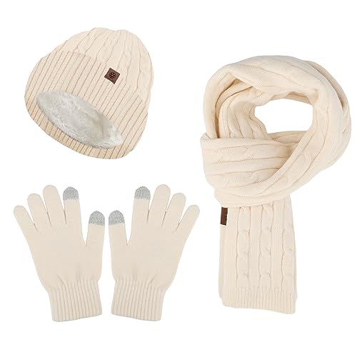 WingFly Damen Winter Warm Mütze Touchscreen Handschuhe und Lang Schal Set mit Dick Fleece Gefütterte, Winterhandschuhe Weihnachten Geschenk für Frauen (Beige) von WingFly