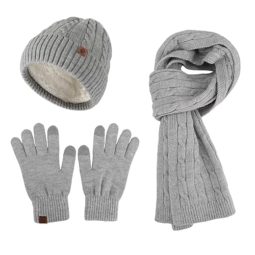 WingFly Damen Winter Warm Mütze Touchscreen Handschuhe und Lang Schal Set mit Dick Fleece Gefütterte, Winterhandschuhe Weihnachten Geschenk für Frauen (Hellgrau) von WingFly