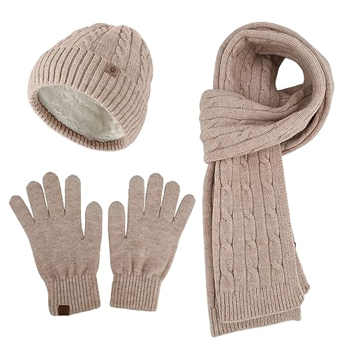 WingFly Damen Winter Warm Mütze Touchscreen Handschuhe und Lang Schal Set mit Dick Fleece Gefütterte, Winterhandschuhe Weihnachten Geschenk für Frauen (Khaki) von WingFly