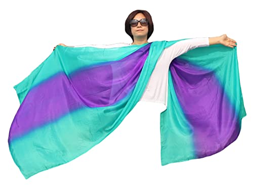 Winged Sirenny Handbemalter Seidenschleier für Bauchtanz, 3-Farben Voile mit handgerollten Kanten, 270x110cm Leichter Mulberry Seidenstoff für Orientalischen Tanz & Aufführungen, pfau/violett/pfau von Winged Sirenny