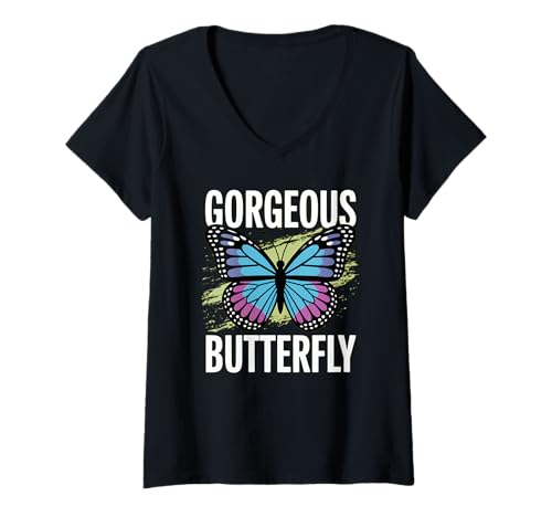 Damen Wunderschöner Schmetterling, Bunte Naturkunst T-Shirt mit V-Ausschnitt Damen Wunderschöner Schmetterling, Bunte Naturkunst T-Shirt mit V-Ausschnitt von Winged Wonders Studio
