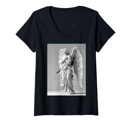 Damen Engel mit großen Flügeln in moderner Grafikkunst T-Shirt mit V-Ausschnitt Damen Engel mit großen Flügeln in moderner Grafikkunst T-Shirt mit V-Ausschnitt von Winged angel in bold urban illustration