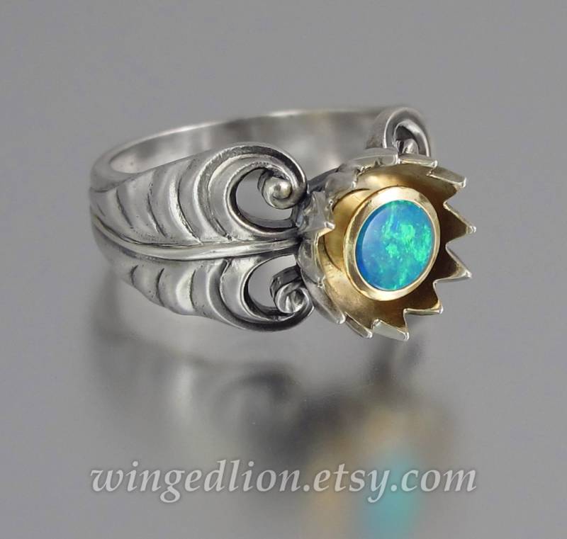 Blue Lotus 14K Gold - Und Silberring Mit Blaugrünem Opal von WingedLion