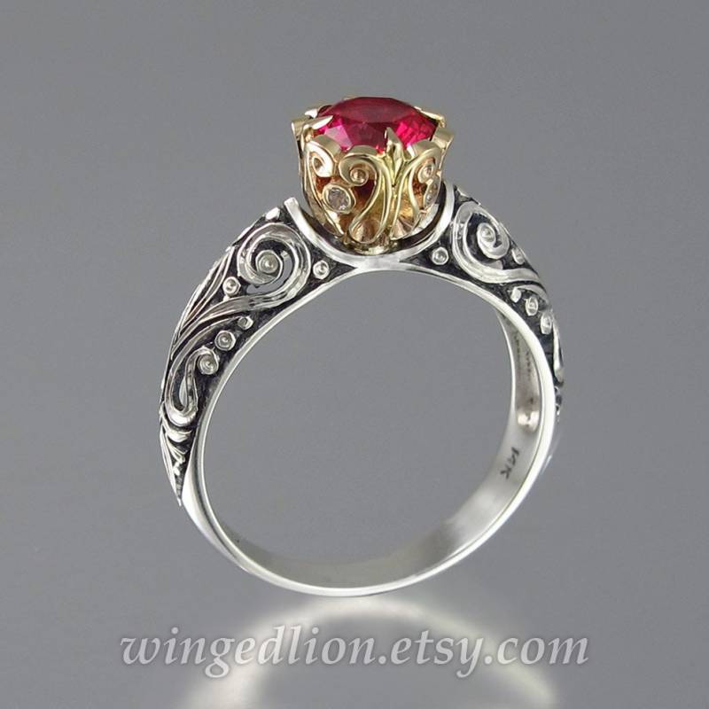 Ehering, Vintage Stilring, Beatrice Verlobungsring in Silber Und 14K Gold Mit Pink Topas von WingedLion