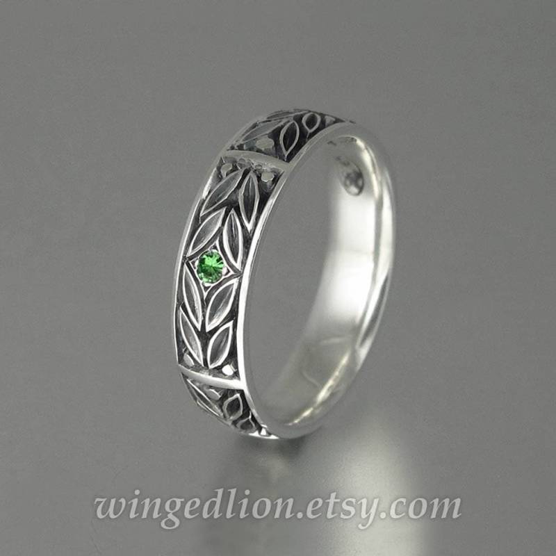 Ehering 925Er Silber Für Männer, Silberring Evergreen Laurel Mit Tsavorit, Unisex Ring Grünem Granat von WingedLion