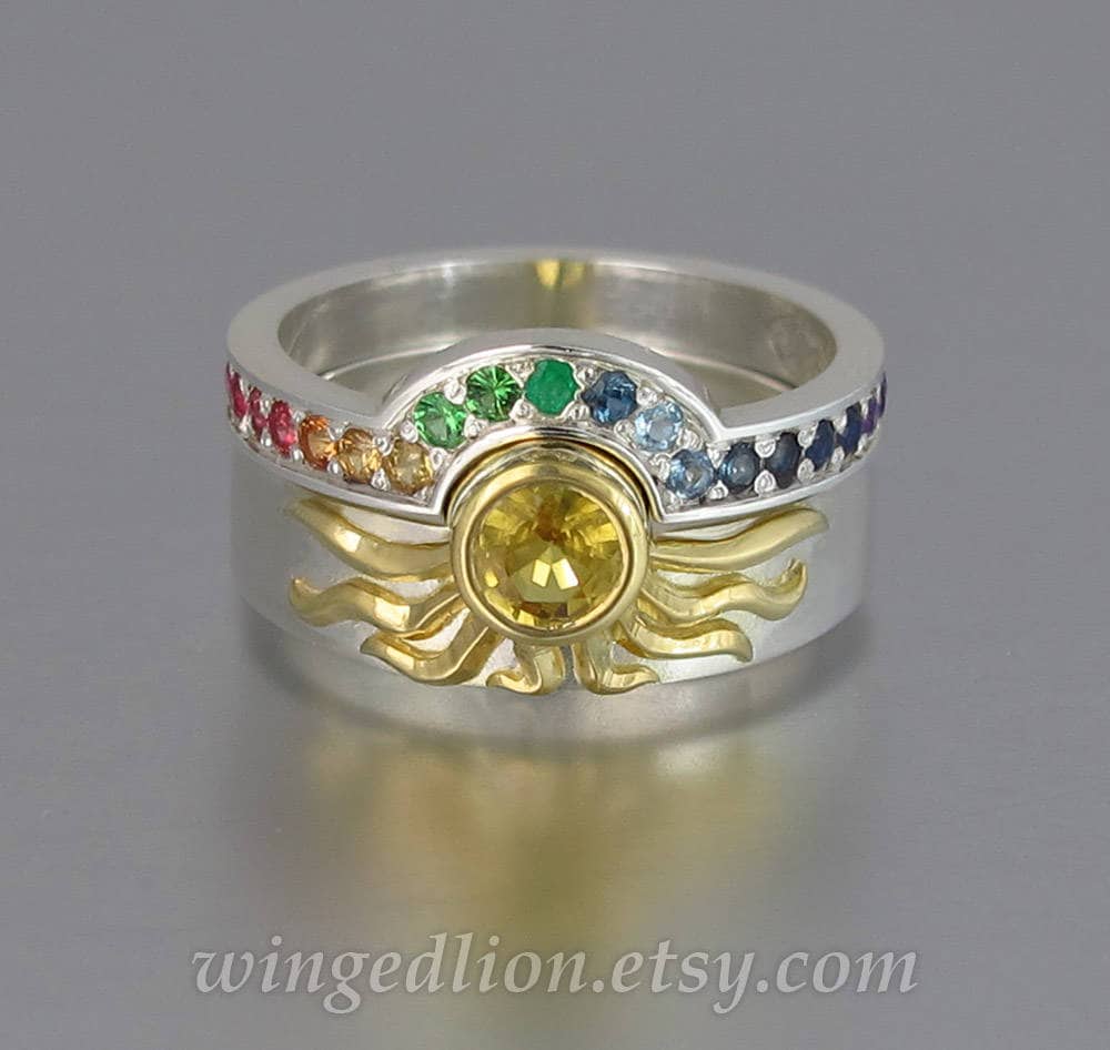 Eheringe Sonne Und Regenbogen, Verlobungsring Band in 750 Silber Mit Gelbem Saphir Regenbogen Edelsteinen von WingedLion