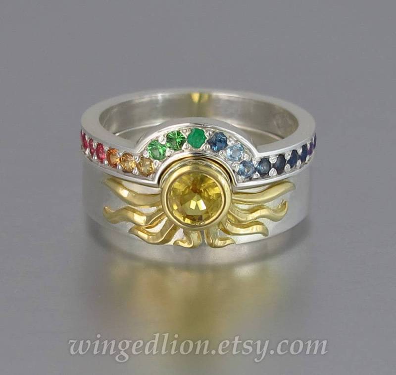 Eheringe Sonne Und Regenbogen, Verlobungsring Band in 750 Silber Mit Gelbem Saphir Regenbogen Edelsteinen von WingedLion