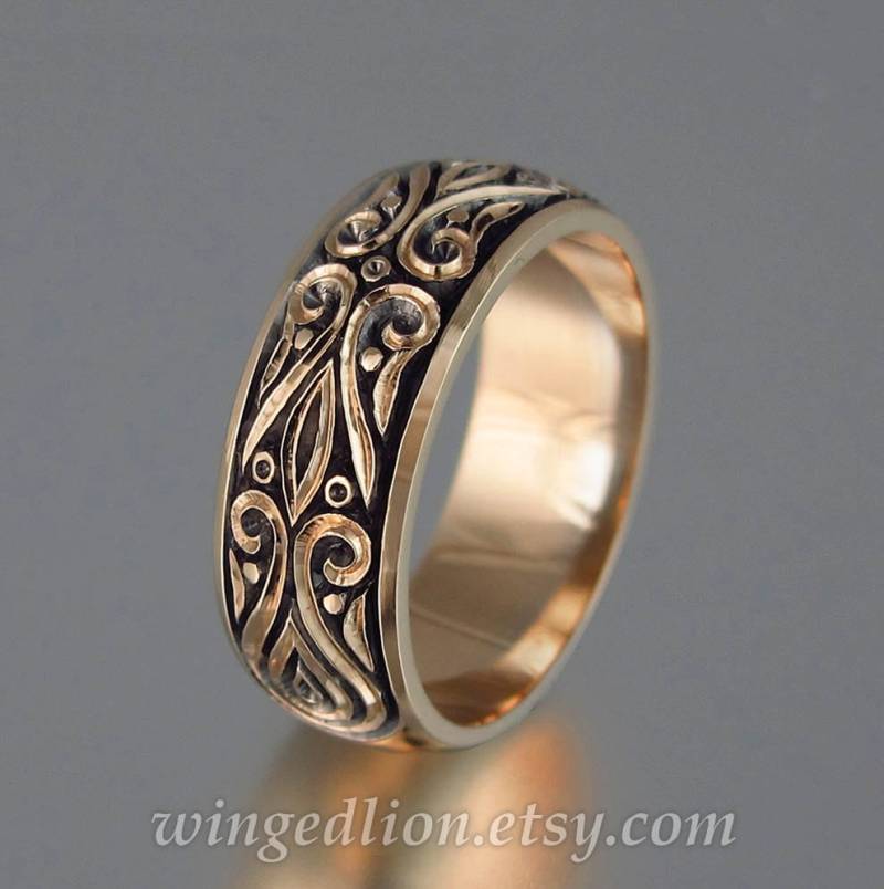 Gold Trauring, Gravierter Goldring, The Prince Charming 14K Rosegold Herren Trauring von WingedLion