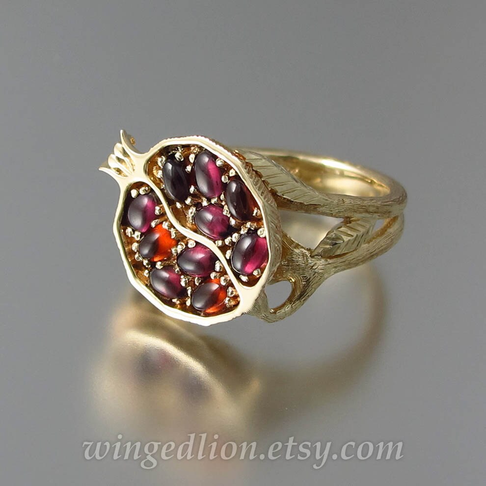 Granatapfel 14K Gelbgoldring Mit Granaten, Granat Cluster Ring von WingedLion