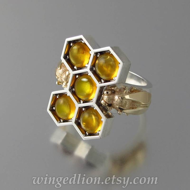 Honey Bees Silber Und 14K Gold Cocktailring, Bernstein Cluster Ring von WingedLion