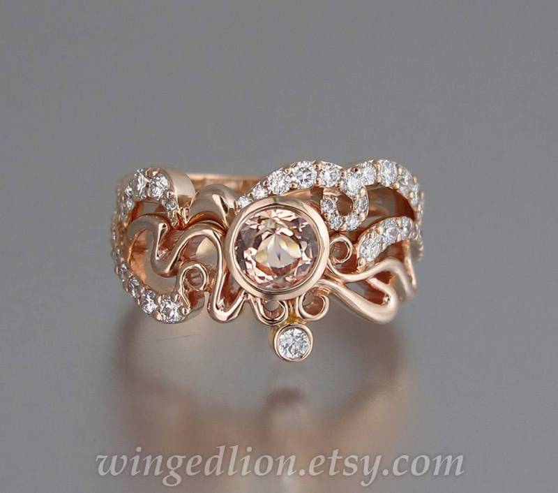 Odelia Morganit 14K Roségold Verlobungsring & Ehering Besetzt Mit Weißen Saphiren Jugendstil Inspiriert von WingedLion