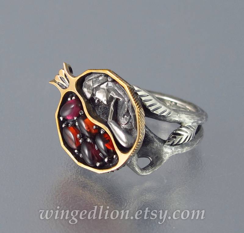 Pomegranat Granat Bronze Und Silber Ring, Cluster Ring von WingedLion