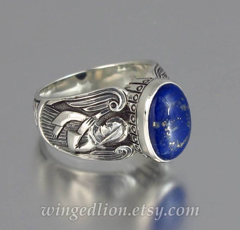 Silber Lapis Lazuli Ring, Schutzengel Herrenring Mit | Grössen Von 8 Bis 14 in Unisex Ring von WingedLion