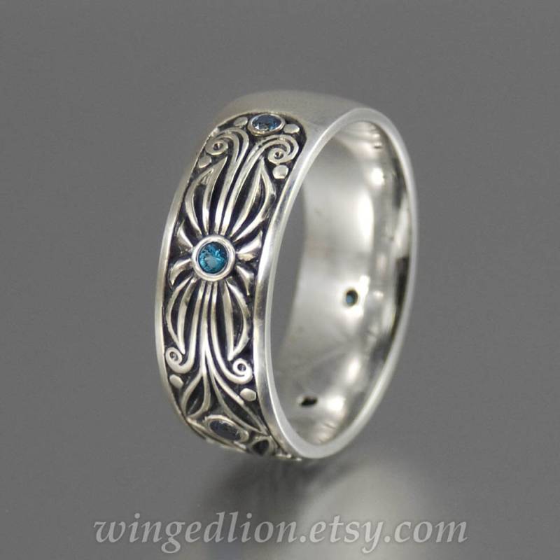 Silber Ehering Für Männer, The Graf Sterling Ring London Blaue Topase, Graviert von WingedLion