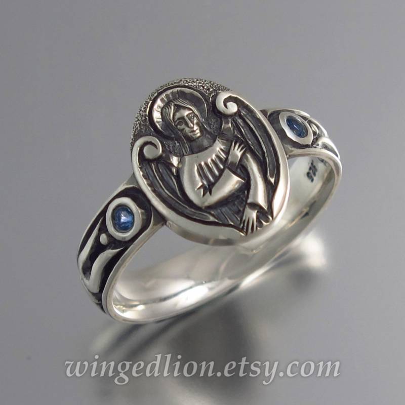 sterling Silber Engel Siegelring Mittelalterliche Kunst, Blauer Saphir von WingedLion