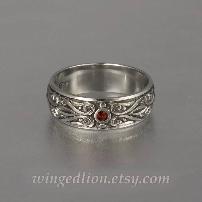 Trauring Weißgold Für Männer, The Prince Charming Ehering 585Er Gold Mit Granat von WingedLion