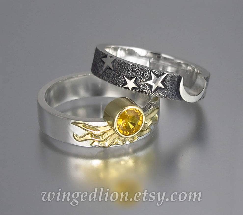 Verlobungsring Und Ehering Set Sonne Mond Eclipse in 18K 14K Gold von WingedLion