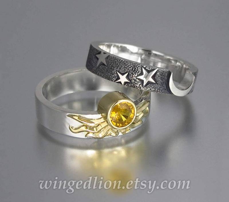 Verlobungsring Und Ehering Set Sonne Mond Eclipse in 18K 14K Gold von WingedLion