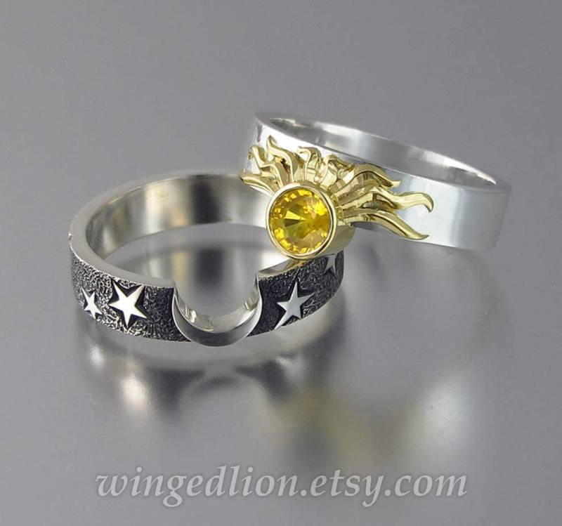 Verlobungsring & Ehering Set Sonne Und Mond Eclipse Aus 750Er Gold Silber Mit Gelbem Saphir von WingedLion