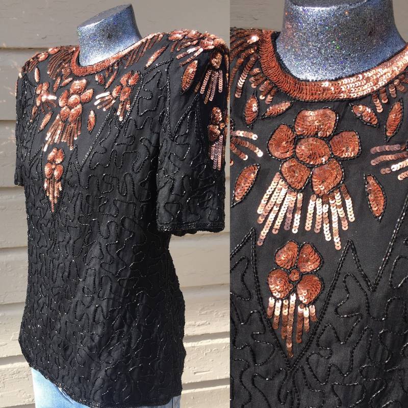Vintage 2Lawrence Kazar Medium Pailletten Top Bluse Seide 1980Er Achtziger Jahre Perlen Abend Schwarz Bronze Kupfer Vintage 2Lawrence Kazar Medium Pailletten Top Bluse Seide 1980Er Achtziger Jahre Perlen Abend Schwarz Bronze Kupfer von WingedTigerEmporium