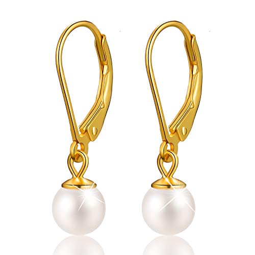 ✦Weihnachtsgeschenke✦ Winglove 18 Karat Vergoldung 925 Sterling Silber Perlenohrringe Handverlesene weiße Muschel Pearl Drop Leverback Ohrringe Geschenke für Frauen Weihnachten. (yellow-gold, 6) von Winglove