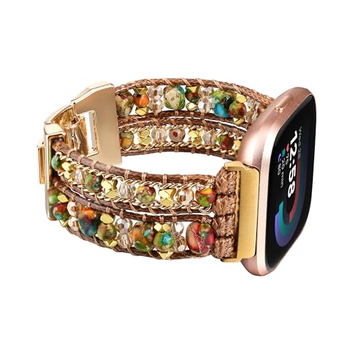Wingoden Armband kompatibel mit Fitbit Versa 4/3/Sense 2/Sense Band für Damen, Lederperlen-Uhrenarmband, Naturstein-Wickel-Boho-Uhrenarmband für Fitbit Versa 4, Ersatzband, bunte Perlen von Wingoden